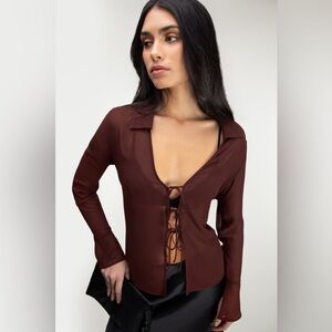 Oak + Fort Chocolate Brown Sheer Chiffon Tie Front Blouse Bell Sleeve Y2K Boho